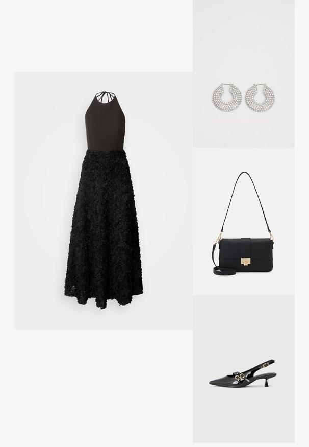 Juoda suknelė su prigludusia halterio kaklo viršūne ir išplėsta sijonu, pagaminta iš sluoksniuotų gėlių aplikacijų. Tekstūruota paviršius su plaukiančiu dizainu.; Juodų lakuotų odinių šlepečių su atvira kulnine, smailiu nosiu, dvejomis juostelėmis su aukso užsegimais ir trumpu kitten kulnu. Lygi tekstūra.; Juodas dirbtinės odos peties krepšys su stačiakampio forma, auksinėmis detalėmis, magnetiniu užsegimu ir nuimamu diržu. Tekstūruotas paviršius.; Sidabrinės auskarų žiedai, papuošti daugybe skaidrių kristalų akcentų, su tekstūruota paviršiumi ir atviru apvaliu dizainu.