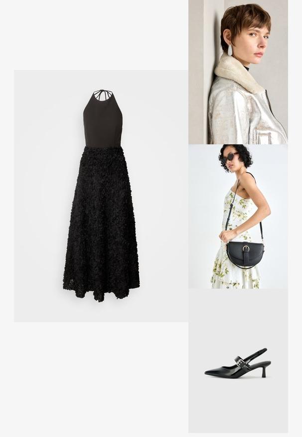 Črna obleka z oprijetim halterskim bodijem in razkošno krilo, izdelano iz plasteh cvetličnih aplikacij. Teksturna površina z usklajenim dizajnom.; Črne patent usnjene slingback pete s koničastim nosom in majhnim blok peto, ki vključujejo srebrno zaponko na traku.; Črna usnjena torbica s ukrivljeno obliko, z odstranljivo naramnico in zlatimi dodatki. Torbica ima pokrov s podrobnostmi v obliki zaponke.; Srebrna metalik usnjena jakna s ovratnikom iz jagnječje kože, z zadrgo in strukturirano površino. Velike kapljaste uhane s prozornimi dragimi kamni.