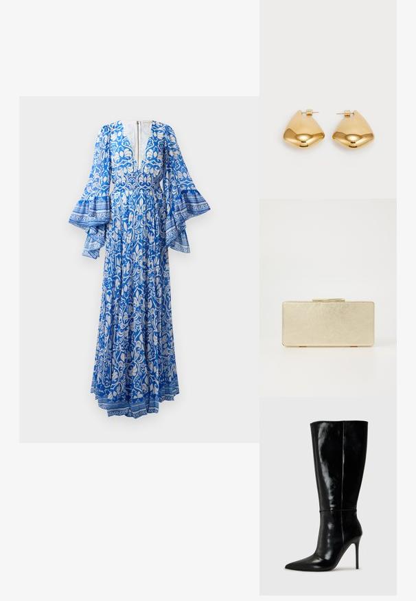 Long blue dress with white floral and paisley patterns, flared sleeves, deep V-neck, and a back zipper detail.; Black leather knee-high boots with a pointed toe and high stiletto heel. Smooth texture and sleek design, featuring minimal detailing.; Gold clutch purse with a smooth metallic finish, rectangular shape, and a simple clasp closure. No visible patterns or decorations.; Gold-tone metal earrings with a smooth, rounded triangular shape and post-back design; reflective surface with minimal detailing.