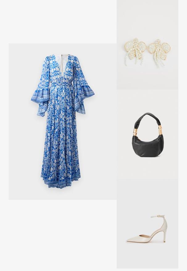 Pikk sinine kleit valgete lillede ja paisleide mustritega, laienevad varrukad, sügav V-kaelus ja seljaosa tõmblukk. ; Valgete nahast kõrge kontsaga kingad, terava varbaga, ankle strapiga ja kitsaste stiletto kontsadega. Sile tekstuur koos peene läikega.; Must mustrepp nahkakott ümmarguse kujuga, pehme tekstuuriga ja sõlmiga käepidemega, millel on kuldse tooni aksessuaarid. Lukuga sulgemine.; Pärliõie kõrvarõngad kuldsete aktsentidega. Iga õieleht sisaldab väikeseid ümmarguseid pärleid, mis on paigutatud lillemustrisse, koos tilkuvate pärlite detailidega.