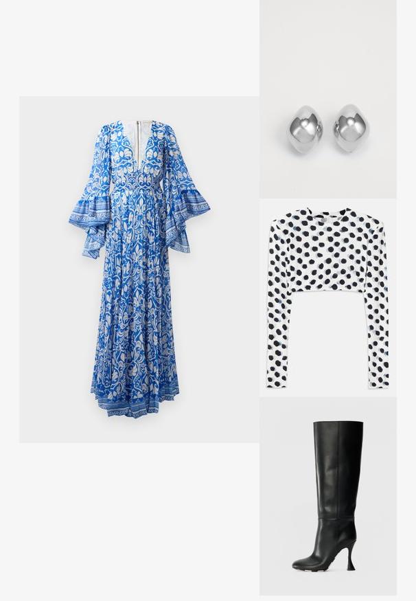 Dlhé modré šaty s bielymi kvetinovými a paisley vzormi, rozšírené rukávy, hlboký výstrih do V a zips na zadnej strane.; Zastrihnutý top s dlhým rukávom z pružného bieleho materiálu s čiernymi bodkami, hladkou textúrou a okrúhlym výstrihom.; Čierne kožené vysoké čižmy po kolená s prispôsobeným členkom a špicatou špičkou. Majú charakteristický zakrivený opätok a hladký textúrovaný povrch.; Strieborné kovové náušnice s hladkým, zaobleným tvarom, s lešteným povrchom a odrazovou plochou. Minimalistický dizajn bez ozdôb.
