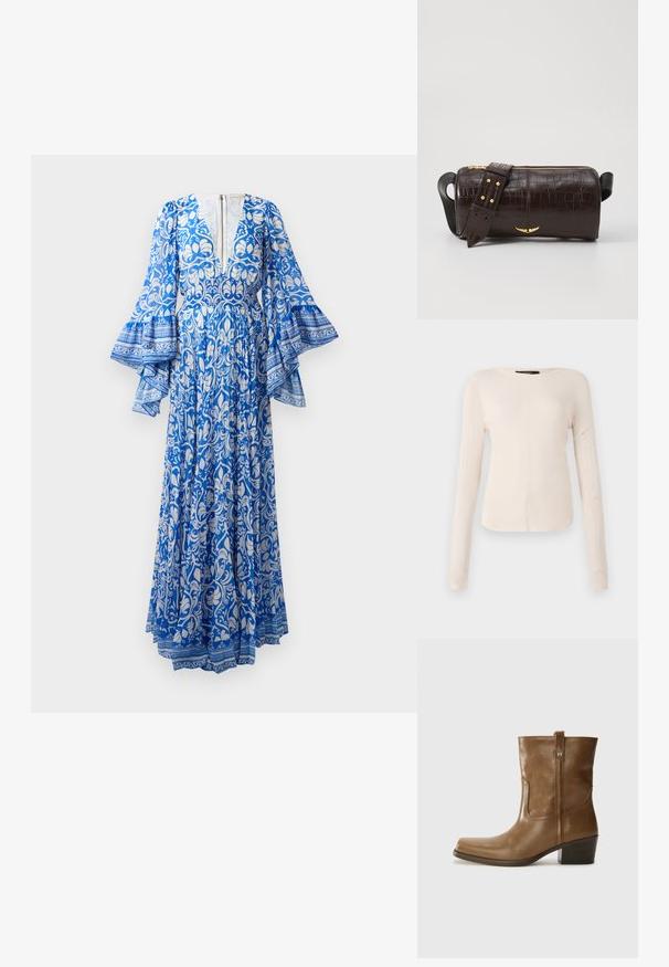 Long blue dress with white floral and paisley patterns, flared sleeves, deep V-neck, and a back zipper detail.; Long-sleeve, light beige top with a round neckline. Made of soft fabric, features a central seam and slightly curved hem. No visible hardware.; Brown leather ankle boot with a square toe, textured finish, and a low stacked heel. Features a rear pull tab and subtle stitching details.; Brown crocodile-embossed leather bag with a cylindrical shape, gold-tone hardware, and a detachable strap featuring studs.