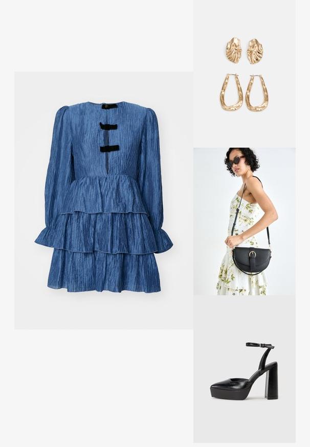 Modra, večplastna obleka z dolgimi rokavi, rebrasto teksturo, okroglo ovratnico in tremi črnimi aksesorji iz žametnega materiala na hrbtni strani.; Črne platforme z visokimi petami in koničastim nosom ter nastavljivim gležnjenjskim trakom. Narejene iz gladke usnje, s kockasto peto.; Črna usnjena torbica s ukrivljeno obliko, z odstranljivo naramnico in zlatimi dodatki. Torbica ima pokrov s podrobnostmi v obliki zaponke.; Zlato obarvani uhani z teksturiranimi, valovitimi oblikami. Vključujejo skulpturalne sponke za ušesa in odprto obliko obročka s kladivastim finišem.