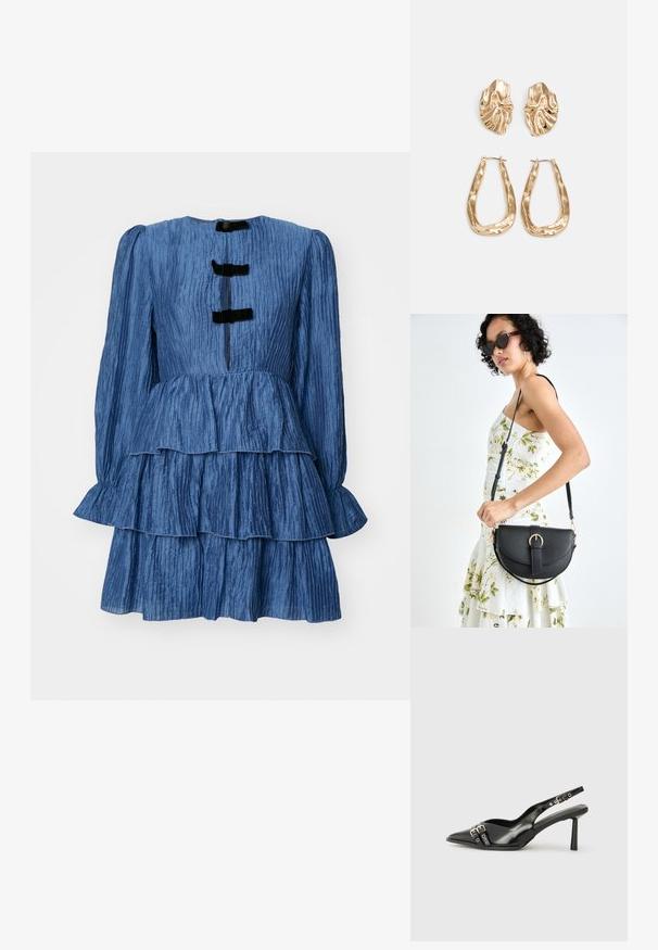 Vestido azul em camadas, com mangas compridas, textura canelada, decote redondo e três detalhes em veludo preto nas costas.; Sapato slingback preto em pele patentada com bico apontado, tiras no tornozelo apresentando fivelas e acessórios prateados, e um salto elegante.; Bolsa de couro preta com forma curva, alça destacável e detalhes em dourado. A bolsa possui uma aba com detalhe de fivela.; Brincos em tom de ouro com formas onduladas e texturizadas. Inclui studs escultóricos com presilha e um design de argola aberta com um acabamento martelado.