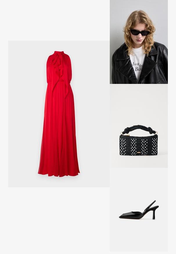 Alice + Olivia Iltapuku - bright ruby; Mustasilkki slingback-korkokengät, joissa on terävä kärki, minimalistinen muotoilu, ohut nilkkaremmi ja tyylikäs stiletto-korko. Silkkinen pinta.; Mustat aurinkolasit, joissa on tyylikäs, kulmikas muotoilu. Mallilla on päällään musta nahkatakki valkoisen, printtitekstit sisältävän paidan päällä, neutraalia taustaa vasten.; Cult Gaia HERA - Käsilaukku - black/pearl