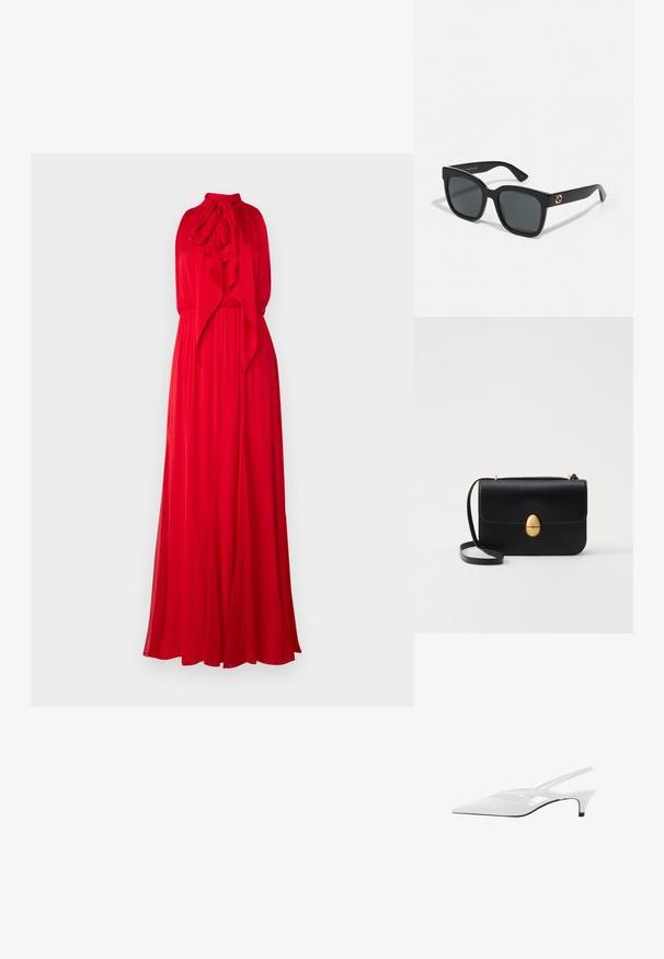 Alice + Olivia Robe de cocktail - bright ruby; Escarpin blanc à brides arrière avec un bout pointu, présentant un dessus lisse, des découpes discrètes et un petit talon bloc. La semelle noire met en valeur le design.; Lunettes de soleil noires avec des verres rectangulaires, présentant une finition brillante et des accents de logo dorés sur les branches. Les verres gris foncé offrent une protection UV.; Sac à main en cuir noir avec une forme rectangulaire structurée. Équipé d'un fermoir ovale doré et d'une fine bandoulière. Texture lisse.