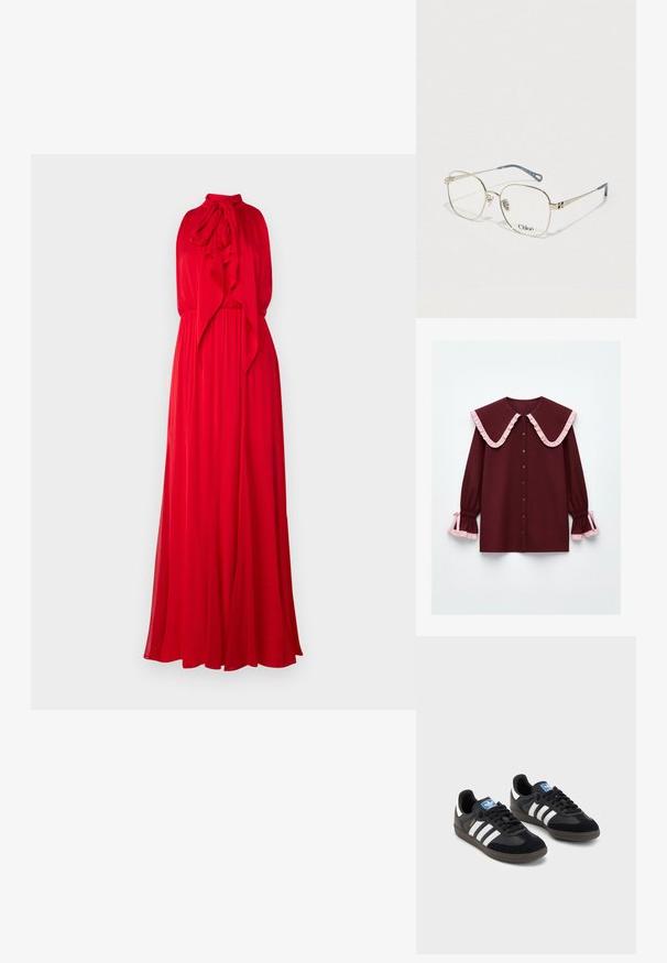 Alice + Olivia Gallakjole - bright ruby; Bordeauxbluse med en stor flæsekant, pink accenter, knaplukning foran og sammensnørede ærmer med pink flæser ved manchetterne.; Sorte sneakers med en overdel i ruskind og syntetisk materiale, med tre hvide striber, struktureret gummisål og en blå logoetiket på tungen.; Firkantede briller med en tynd guld metalramme, klare linser og en tempel med blå akcent. Har logo detaljer på rammen.