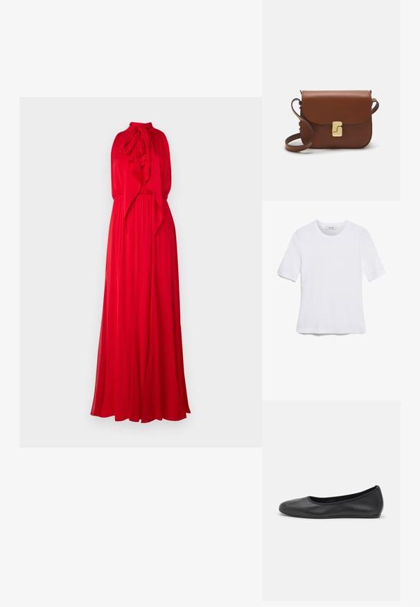 Alice + Olivia Abiti per occasioni speciali - bright ruby; T-shirt bianca a maniche corte realizzata in tessuto a costine. Collo rotondo, vestibilità regolare e dettagli di cucitura sottili. Senza motivi o grafiche.; Pantofole da balletto nere in pelle con punta arrotondata, texture liscia, dettagli di cucitura minimi e design con suola flessibile.; Borsa a tracolla in pelle marrone con chiusura a pattina, hardware color oro, tracolla e una finitura liscia. Forma rettangolare compatta.