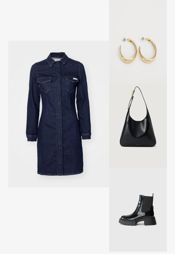 Jeanskjole i mørkeblå med lange ermer, krage, knappestolpe foran og to brystlommer. Har en figursydd silhuett og rett kant.; Sorte ankelstøvler laget av blank lær med elastiske sidepaneler, en trekkflik og en kraftig gummisåle med et strukturert mønster.; Svart lær skulderveske med glatt tekstur, buet silhuett og gullfarge detaljer. Har preget merkevarelogo nederst.; Gullfargede hoop øredobber med en glatt, buet design. Laget av metall, med en elegant finish og bakfeste.