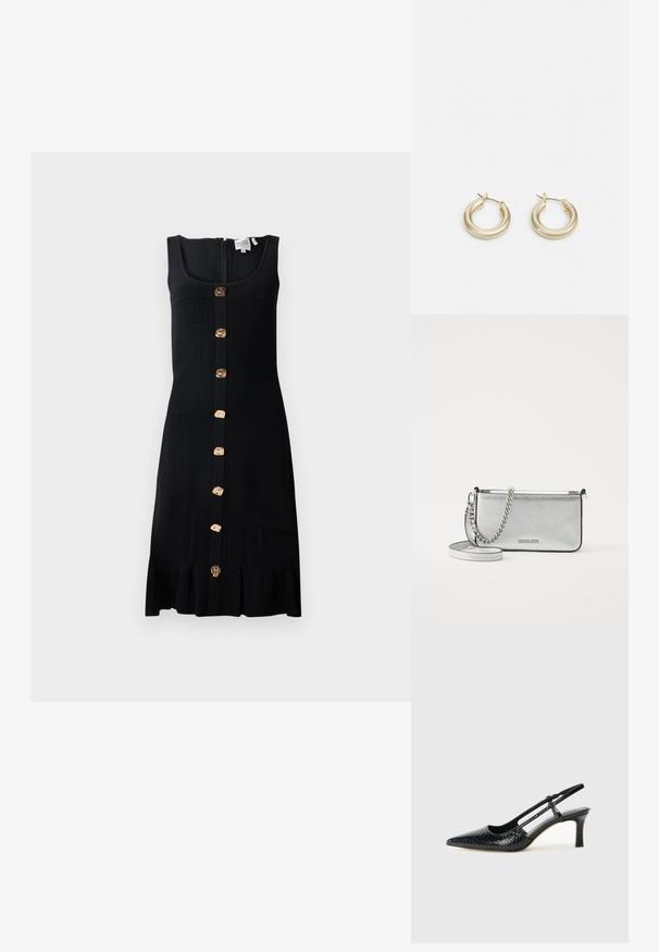 Abito nero a coste con un corpo aderente, bottoni dorati sulla parte anteriore e un orlo arricciato. Presenta una chiusura con zip sul retro.; Slingback con tacco in vernice nera con punta affusolata, caratterizzato da una stampa a serpente testurizzata, cinturino regolabile e un tacco corto e testurizzato.; Borsa a tracolla in pelle argentata con finitura texturizzata, dettagli in catena e tracolla, e chiusura con zip. Presenta un logo sul davanti.; Lauren Ralph Lauren BASIC SMALL HOOP - Orecchini - gold-coloured