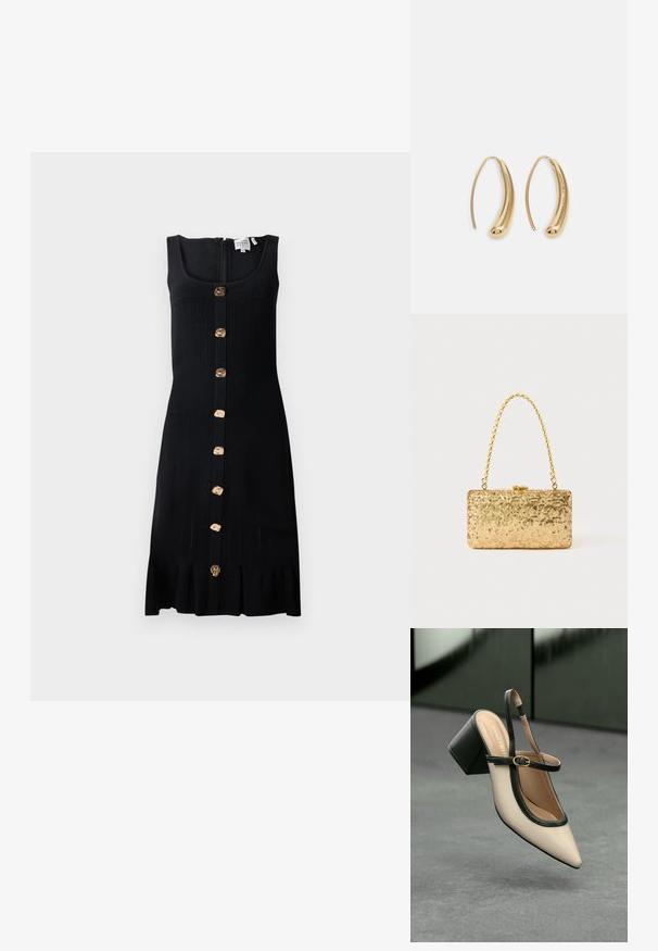 Zwarte ribgebreide jurk met een aansluitende lijfje, gouden knopen aan de voorkant en een rucheszoom. Beschikt over een rits aan de achterkant.; Beige puntige slingback schoen met zwarte rand, gouden gesp en een chunky blokhak op een grijze vloer met een donker groene achtergrond.; Gouden pailletten clutch in rechthoekige vorm, met een gedraaide kettinghandvat en een metalen sluiting, die het licht reflecteert met een gestructureerde afwerking.; Gouden metalen oorbellen in de vorm van een gebogen, verlengde hoop. Kenmerkend zijn het gladde, glanzende oppervlak en de afgeronde punt voor extra detail.