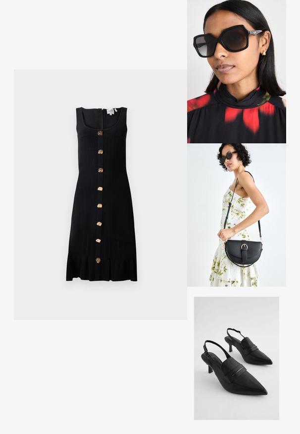 Abito nero a coste con un corpo aderente, bottoni dorati sulla parte anteriore e un orlo arricciato. Presenta una chiusura con zip sul retro.; Décolleté nero in pelle con punta affilata, dotato di una larga cinghia anteriore e dettagli in metallo argentato. Finitura testurizzata, tacco medio.; Occhiali da sole oversize neri con una montatura geometrica, lenti scure e dettagli in tonalità oro, indossati con una blusa a collo alto con motivo floreale.; Borsa a tracolla nera in pelle con una forma curva, manico rimovibile e accessori dorati. La borsa presenta una patta con un dettaglio a fibbia.