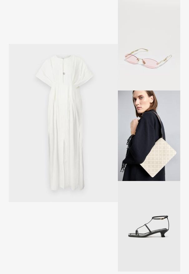 Rodebjer KIMBERLY biały; Czarne skórzane sandały z kwadratowym noskiem, cienkimi paskami, regulowanym paskiem przy kostce i niskim obcasem. Oferują mały złoty akcent na pasku.; Gucci - Okulary przeciwsłoneczne; Beżowa torebka na ramię w wzory, o sztywnym kształcie, z brązowym, teksturowanym paskiem. Nosi ją modelka na tle szarym.