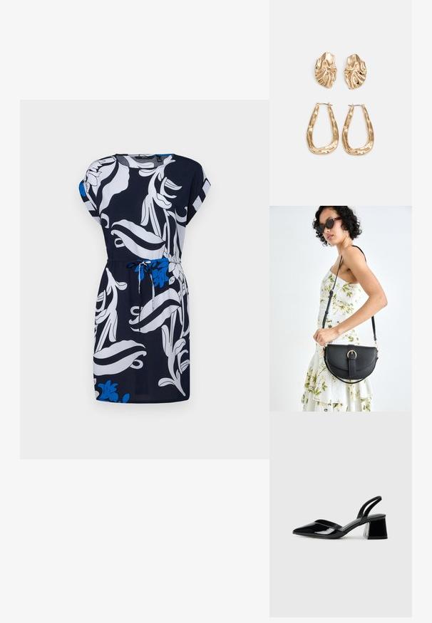 Vestido azul-marinho com padrão floral branco e detalhes azuis. Apresenta mangas curtas, uma cintura ajustável com cordão e um corte relaxado.; Sandy em verniz preto com salto slingback, ponta afilada e salto geométrico. Apresenta um design elegante e minimalista com textura suave.; Bolsa de couro preta com forma curva, alça destacável e detalhes em dourado. A bolsa possui uma aba com detalhe de fivela.; Brincos em tom de ouro com formas onduladas e texturizadas. Inclui studs escultóricos com presilha e um design de argola aberta com um acabamento martelado.