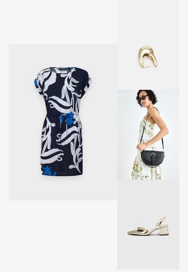 Jūras zila kleita ar baltu ziedu rakstu un ziliem akcentiem. Tam ir īsas piedurknes, regulējama saite vidukļa daļā un brīvs piegriezums.; Zeltaini, metāla kurpes ar siksniņām, norakans purngalis un masīla papēdis. Gluda tekstūra, minimālisma dizains un šaura siksna.; Melnas ādas rokassoma ar izliekta formu, noņemamu siksnu un zelta aksesuāriem. Somai ir vāciņš ar sprādzes detaļu.; Zeltīti metāla auskari ar gludu, izliekta dizaina. Ar atšķirīgu smailu formu, pulētu virsmu un eņģu aizdari.