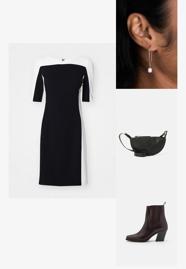Robe bicolore noir et blanc, avec une coupe ajustée, un col large et des manches courtes, fabriquée en tissu lisse et extensible.; Bottine en cuir marron foncé avec un bout pointu, des détails rainurés verticaux sur le côté et un talon carré de hauteur moyenne.; Sac bandoulière en cuir noir de forme demi-lune, surface texturée, fermeture éclair dorée et bandoulière plate. Design compact adapté pour les essentiels.; Boucle d'oreille en argent en forme de cercle avec une chute verticale mettant en valeur une seule perle blanche. Le design est épuré, avec une finition lisse et polie.