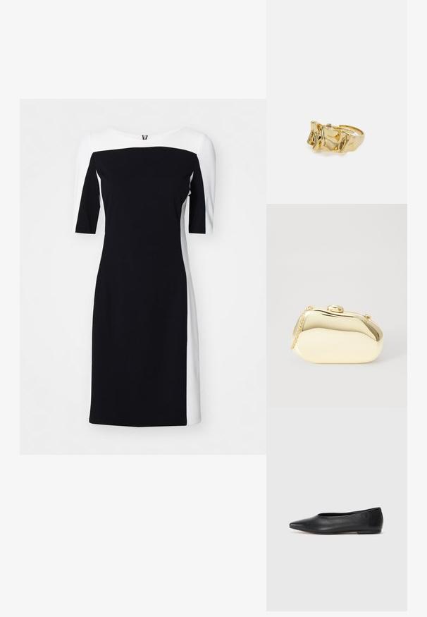 Black and white color-block dress, featuring a fitted design, wide neckline, and short sleeves, made of smooth, stretchy fabric.; Black leather ballet flat, pointed toe, minimalistic design, smooth texture, low-profile heel, no visible hardware or embellishments.; Metallic gold clutch with a smooth, rounded shape, featuring a top button clasp and a small chain strap for carrying.; Gold ring with textured, wavy design featuring three prominent peaks. Smooth, shiny surface with an open band for adjustable fit.