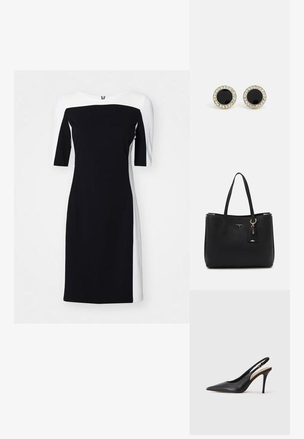 Robe bicolore noir et blanc, avec une coupe ajustée, un col large et des manches courtes, fabriquée en tissu lisse et extensible.; Escarpin à talon haut en cuir noir avec un bout pointu, une texture lisse et une délicate bride avec une boucle métallique.; Sac fourre-tout noir en matériau synthétique texturé, avec deux anses, une plaque logo dorée et une petite étiquette avec un détail accentué.; DKNY INLAY STUD - Boucles d'oreilles - black/gold-coloured