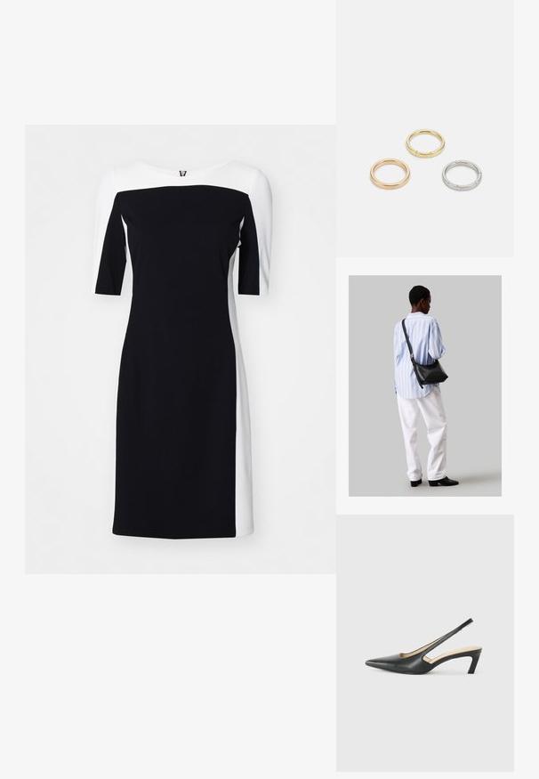 Schwarz-weißes Farbe-block Kleid mit einer taillierten Form, weitem Ausschnitt und kurzen Ärmeln, gefertigt aus glattem, dehnbarem Stoff.; Schwarzer spitz zulaufender Slingback-Schuh mit niedrigem Absatz, der aus glattem Leder gefertigt ist und seitliche Ausschnitte für Atmungsaktivität aufweist.; Schwarze Leder-Umhängetasche mit weicher Textur, dreieckiger Form und verstellbarem Tragegurt, kombiniert mit einem hellblauen gestreiften Hemd und weißen Hosen.; Drei Metallringe: einer in Roségold, einer aus Gold mit strukturierten Akzenten und einer aus Silber, alle mit graviertem Branding auf dem inneren Band.