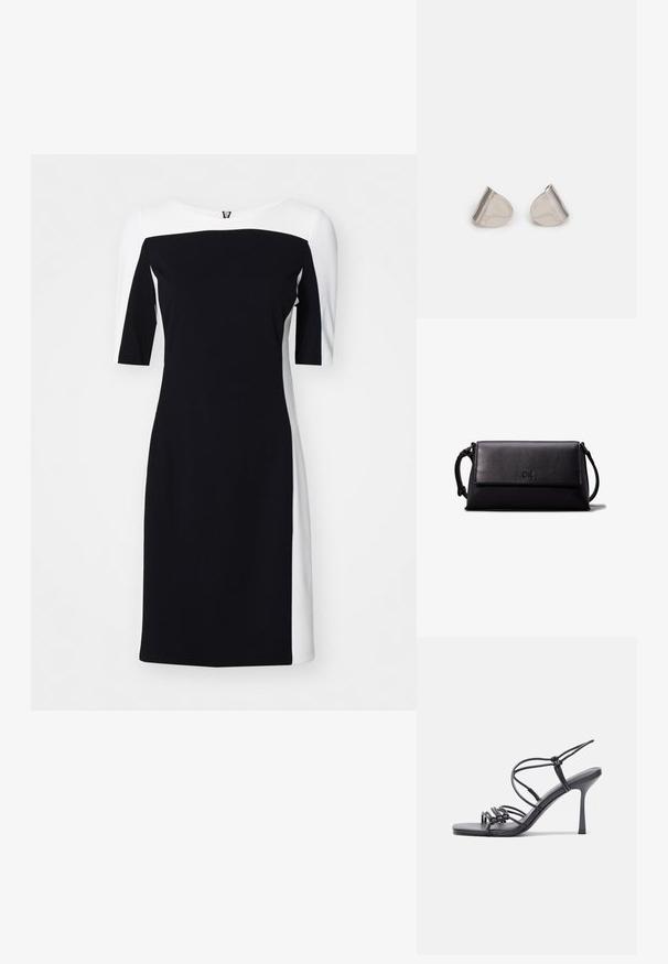 Vestido a rayas en blanco y negro, con un diseño ajustado, escote ancho y mangas cortas, fabricado en un tejido suave y elástico.; Las sandalias negras de tacón alto presentan finas correas con un diseño anudado, una punta cuadrada suave y un elegante tacón de aguja.; Bolso clutch de cuero negro con forma rectangular, textura suave, cierre plano y un pequeño asa en el lateral. Presenta un sutil logo.; Pendientes de metal plateado con una forma suave de lágrima y un acabado pulido. Grabados sutiles añaden detalle. Diseño minimalista.