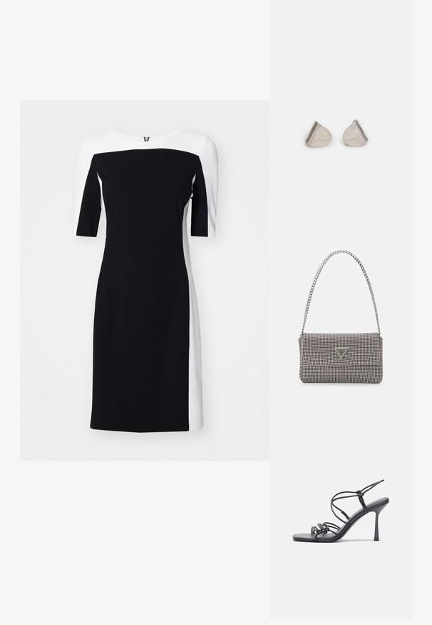 Schwarz-weißes Farbe-block Kleid mit einer taillierten Form, weitem Ausschnitt und kurzen Ärmeln, gefertigt aus glattem, dehnbarem Stoff.; Schwarze, hochhackige Sandalen mit dünnen Riemen und einem geknoteten Design, einer glatten, rechteckigen Zehenpartie und einem eleganten Stiletto-Absatz.; Hellegraue metallische Handtasche mit einer Kettenriemen, verziert mit kleinen kreisförmigen metallic Nieten und einem dreieckigen Markenlogo.; Silberne Metalohrringe mit einer glatten, tröpfchenförmigen Form und einer polierten Oberfläche. Subtile Gravuren fügen Details hinzu. Minimalistisches Design.