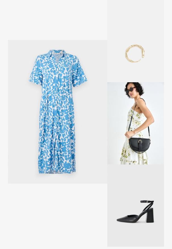 Zilā un baltā ziedu raksta īsā piedurkņu kleita, ar pogu aizdari, apkakli, jostas saišu un ceļgala garumu. Mīksta auduma tekstūra.; Melna ādas augstpapēžu kurpe ar norakstīto purngala formu, potītes siksniņu un masīlu papēdi. Gluda tekstūra, elegants dizains un minimālisma estētika.; Melnas ādas rokassoma ar izliekta formu, noņemamu siksnu un zelta aksesuāriem. Somai ir vāciņš ar sprādzes detaļu.; Zelta toņa gredzens ar organisku, vērptu dizainu, gludu virsmu un sašaurinātiem galiem, radot mūsdienīgu, skulpturālu izskatu.