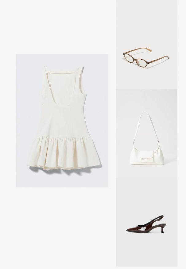 Bela brezrokavna obleka iz teksturirane tkanine, ki ima globok izrez na hrbtu in volanast rob z neobdelanimi robovi.; Rjavi lakirani slingback čevelj z ostro konico in zmerno peto. Ima zaponko za varno prileganje. Gladka tekstura.; Rjavo želvovina očala z ovalnimi lečami, tankimi ročaji in prosojnimi detajli. Imajo subtilen logo na templetu. Eleganten, lahek dizajn.; Bela sintetična torbica v obliki trikotnika, z ravnim sprednjim poklopcem in detajlom mašne, nastavljivim trakom, gladko teksturo in minimalističnim dizajnom.