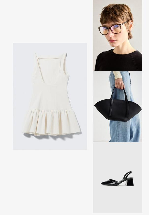 Biele bezrukávové šaty vyrobené z textúrovanej látky, s hlbokým výstrihom na chrbte a volánkovým lemom s surovými okrajmi.; Čierne lakované kožené sandálové podpätky s špicatou špičkou a geometrickým blokovým podpätkom. Disponujú elegantným, minimalistickým dizajnom a hladkým povrchom.; Čačky s veľkými obdĺžnikovými rámami v tortoiseshell vzore, s reflexnými sklami a tenkými stranami, umiestnené na neutrálnom pozadí.; Čierna kožená kabelka s jedinečným tvarom ventilátora, so plochými držadlami. Povrch má štruktúru s brúseným efektom a minimalistic design.