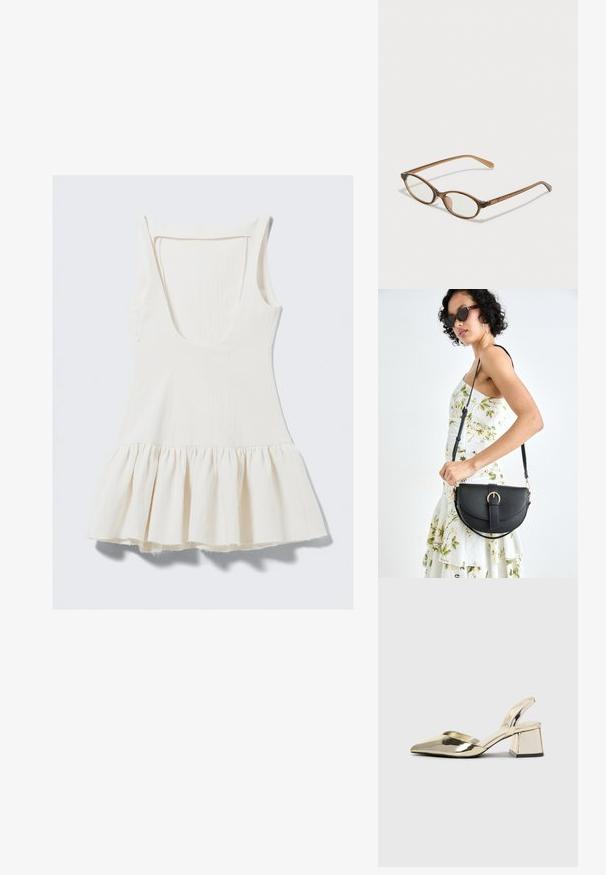 Rochie albă fără mâneci, realizată dintr-un material texturat, cu un decolteu adânc la spate și un tiv cu volane, având margini brutale.; Pantofi cu toc slingback metalici aurii, cu vârf ascuțit și toc chunky. Textură netedă, design minimalist și o curea subțire.; Ochelari în nuanță de țestoasă maro, cu lentile ovale, brațe subțiri și accente transparente. Prezintă un logo subtil pe tâmplă. Design elegant și ușor.; Geantă din piele neagră, cu o formă curbată, curea detașabilă și accesorii aurii. Geanta are un capac cu un detaliu tip cataramă.