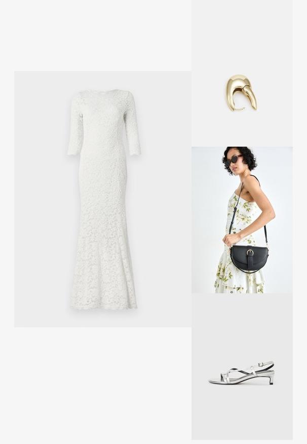 Balta nėriniuota suknelė su prigludusia liemene, ilgomis rankovėmis ir platėjančiu žemyn kraštu. Yra gėlėta rašto ir banguotais kraštais. Lygus tekstūros paviršius.; Sidabrinės metalinės slingback basutės su žemu kulnu, turinčios kryžminius dirželius ir lygų tekstūrą. Minimalistinis dizainas.; Juodas odinis krepšys su išlenkta forma, nuimamu dirželiu ir auksiniais detalėmis. Krepšys turi kilpą su sagtimi.; Aukso tono metalinės auskarai su stilingu, kreiviu dizainu. Išsiskiria ryškiu smailiu pavidalu, poliruota paviršiumi ir užsegimu su vyriu.