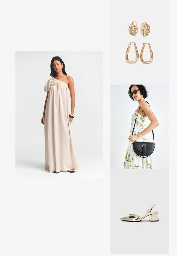 Maxi-jurk in lichtbeige, met een enkele pofmouw, gathers bij de hals en een vloeiend silhouet. Gladde stof en enkel-lange stijl.; Gouden, metalen slingback hakken met een spitse neus en een chunky hak. Glad oppervlak, minimalistisch ontwerp en een smalle band.; Zwarte leren handtas met een gebogen vorm, afneembare schouderband en gouden hardware. De tas heeft een klep met een gespsluiting.; Gouden oorbellen met een getextureerd, golvend ontwerp. Bevat sculpturale clip-on studs en een open ringontwerp met een gehamerd oppervlak.