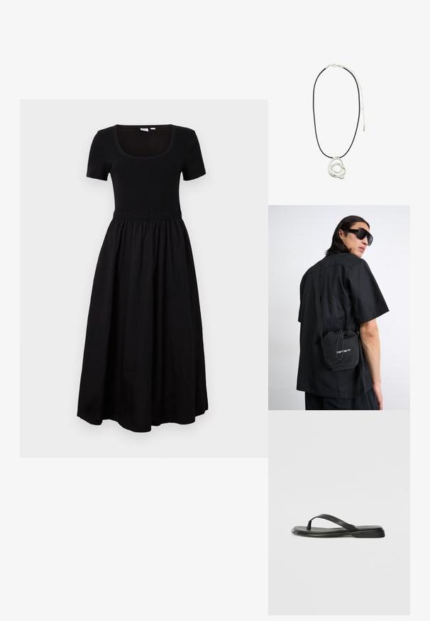 Schwarzes Kleid mit einem taillierten Oberteil mit kurzen Ärmeln, Rundhalsausschnitt und einem elastischen Bund, der zu einem fließenden, knöchellangen Rock führt.; Schwarze Flip-Flops aus glattem Leder, mit einem dünnen Riemendesign und einer flachen Sohle mit minimalem Profil. Keine bemerkenswerten Muster oder Akzente.; Schwarzes kurzärmeliges Shirt, getragen von einer Person, kombiniert mit einer kleinen schwarzen Zugtasche mit weißem Logo. Die Umgebung ist neutral und minimalistisch.; Pilgrim UNFOLD - Halskette - silver-coloured
