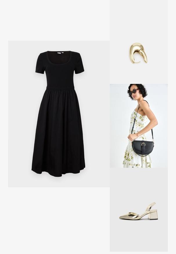 Black dress with a fitted short-sleeve bodice, scoop neckline, and an elastic waistband leading to a flowy, ankle-length skirt.; Gold, metallic slingback heels with a pointed toe and chunky heel. Smooth texture, minimalistic design, and a narrow strap.; Black leather handbag with a curved shape, detachable strap, and gold hardware. The bag features a flap with a buckle detail.; Gold-tone metal earring with a sleek, curved design. Features a distinctive pointed shape, polished surface, and hinge closure.
