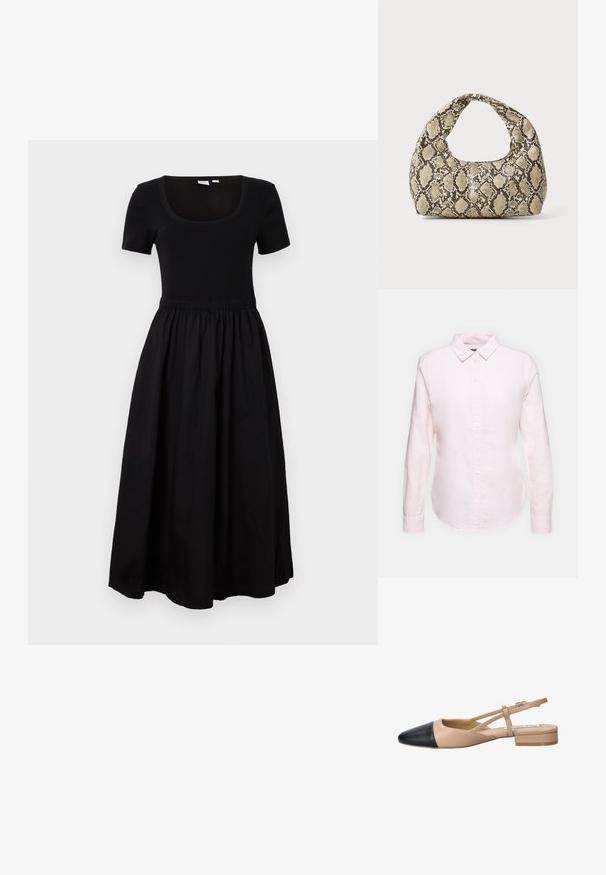 Svēta melna kleita ar pieguļošu īso piedurknēm, apaļo kakla izgriezumu un elastīgu jostas vietu, kas nov leads pie plūstoša, potītes garuma svārka.; Gai rozā garām piedurknēm krekls ar pogājamu apkakli, ar taisnu apakšmalu un mīkstu tekstūru, izgatavots no viegla kokvilnas auduma.; Beidzējais un melns divu tonā sūkņis ar norāvu, ar norādītu pirkstu, plakanu papēdi un krustojuma siksnu detaļu. Gluda ādas tekstūra.; Čūsku raksta soma ar izliekto rokturi. Izgatavota no teksturētiem, bēšiem un brūniem materiāliem, ar izteiksmīgu dimanta rakstu.