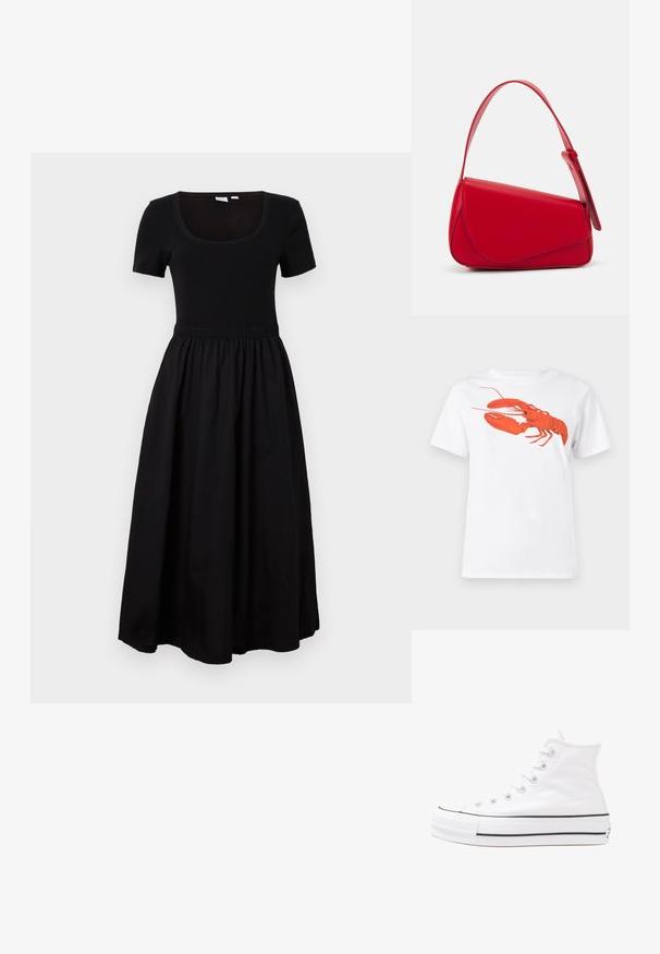 Črna obleka z oprijetim bodijem s kratkimi rokavi, okroglo ovratnikom in elastičnim pasom, ki prehaja v lepršavo krilo do gležnjev.; Bela bomba iz bombaža z velikim, svetlo rdečim grafikonom jastreba na sprednji strani. Kratki rokavi in standarden kroj s okroglim izrezom.; Beli visoki platneni športni čevelj z črnim gumijastim podplatom, sprednjim gumijastim zaščitnikom za prste in šestimi luknjicami za vezalke, ki se ponaša s preprostim, minimalističnim dizajnom.; Rdeča usnjena torba z angularnim, geometrijskim dizajnom. Ima en samostoječ nastavljiv ročaj in pokrov, zaprt z zapiranjem, ki je okrašen s šivi.