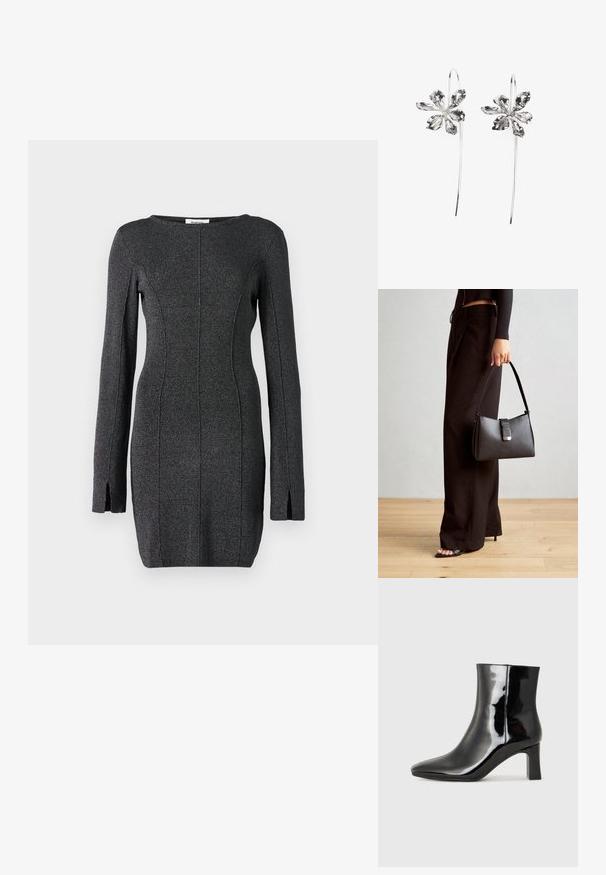 Crna pletena haljina dugih rukava, s bočnim prorezima, okruglim izrezom i šavnim detaljima za prilagođen siluetu.; Crne lakirane kožne gležnjače s šiljastim prstom i srednje visokom blok petom. Glatka tekstura i minimalistički dizajn.; Crna torba s oblikom koji sadrži strukturu, glađu teksturu i metalnu kopču. Uparena s širokim crnim hlačama i sandalama na otvorenom s drvenog poda.; Srebrne naušnice u obliku cvijeta s teksturiranim završetkom, s dugim kukama i detaljima nalik laticama za složen dizajn.