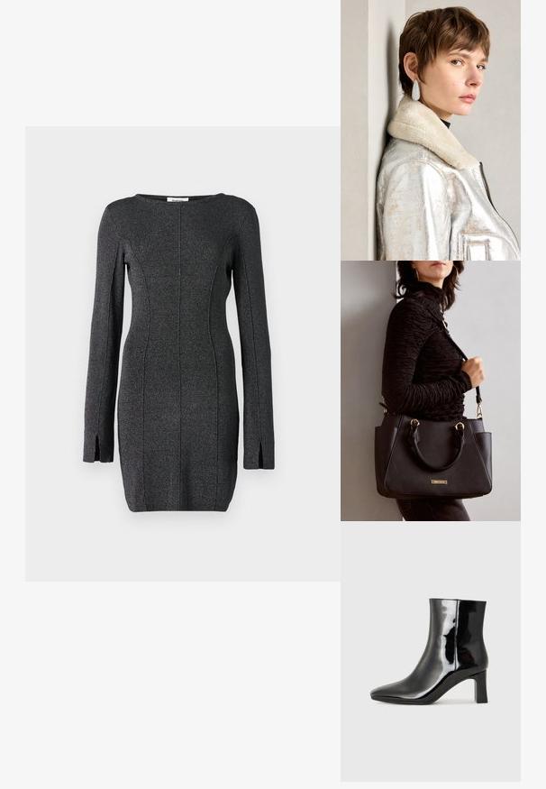 Črna pletena obleka z dolgimi rokavi, ki ima stranske razpoke, okroglo dekolte in šive za prileganje silhueti.; Črne lakirane gležnjarje z ošiljenim nosom in srednje visokim blokastim peto. Gladka tekstura in minimalističen dizajn.; Črna torbica z teksturirano površino, z dvema zgornjima ročajema in nastavljivim ramenskim pasom. Ima zlatovrateče dodatke in stranske žepe.; Srebrna metalik usnjena jakna s ovratnikom iz jagnječje kože, z zadrgo in strukturirano površino. Velike kapljaste uhane s prozornimi dragimi kamni.