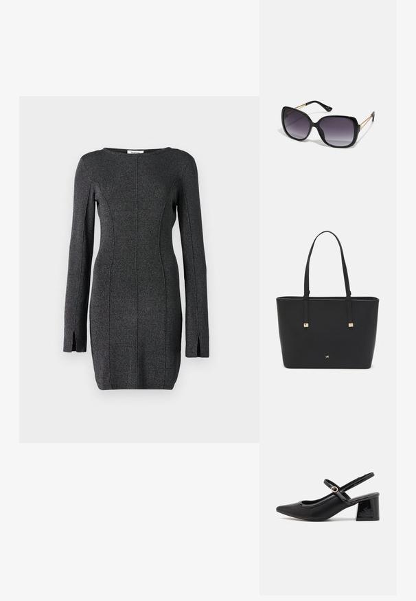 Robe tricotée noire à manches longues, avec des fentes latérales, un col rond et des coutures pour un silhouette cintrée.; Escarpins slingback en cuir verni noir avec un embout pointu, un design à découpes arrondies et un talon carré. Présente un accent de boucle en ton doré.; Lunettes de soleil noires surdimensionnées avec des verres dégradés, monture épaisse et détails en chaîne dorée sur les branches.; Sac fourre-tout noir en matériau synthétique, avec un design rectangulaire simple, des accents carrés dorés et des doubles poignées.