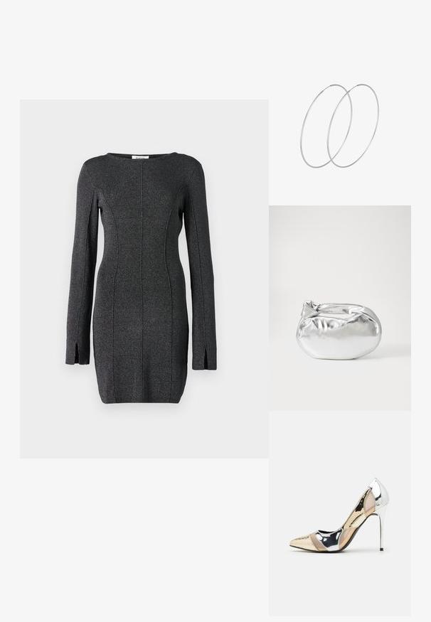 Černé pletené šaty s dlouhými rukávy, s bočními rozparky, kulatým výstřihem a švy pro obtažený siluetu.; Lodička s špičatou špičkou a kombinací stříbrné, zlaté a tělové barvy. Lesklý povrch s vykrojeným designem, s jehlovým podpatkem.; Stříbrná kovová taška s měkkým, zaobleným tvarem a uzávěrem s uzlem. Vyrobena z hladké umělé kůže.; Stříbrné kruhové náušnice s minimalistickým designem. Kruh, hladký povrch a tenký profil. Lehká konstrukce s lesklým povrchem.