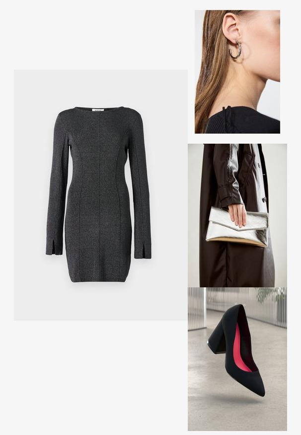 Svart stickad klänning med långa ärmar, med sidoklipp, rund halsringning och sömdetaljer för en figurnära silhuett.; Svart högklackad sko med spetsig tå och texturerad ovandel. Insidan har en ljusrosa foder. Fyrkantig klack med metallisk detalj vid basen.; Silverfärgad metallisk kuvertväska med en vinkelrät design, slät textur och kontrasterande innervärd, hålls i en hand som bär en svart kappa.; Silverörhänge med polerad yta, med små detaljer i guld och rund form, bärs på loben.