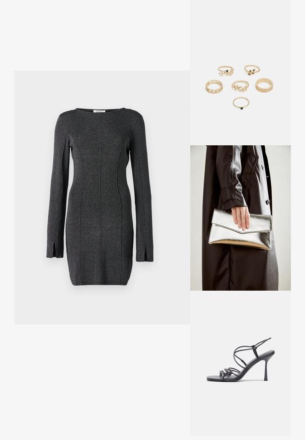 Robe tricotée noire à manches longues, avec des fentes latérales, un col rond et des coutures pour un silhouette cintrée.; Des sandales noires à talons hauts avec des fines lanières au design noué, un bout carré lisse et un talon aiguille élégant.; Pochette métallique argentée avec un design d'enveloppe angulaire, texture lisse et couleur intérieure contrastante, tenue dans une main portant un manteau noir.; Ensemble de six anneaux en or présentant divers designs : tressés, motifs de feuilles et bandes unies ; certains avec des accents de pierres précieuses vertes.