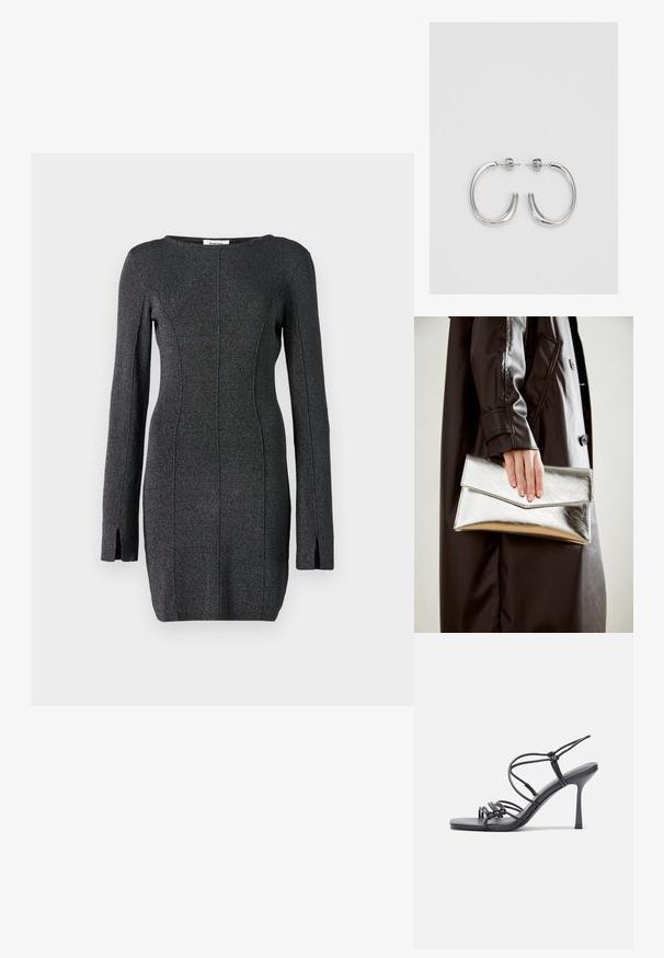 Robe tricotée noire à manches longues, avec des fentes latérales, un col rond et des coutures pour un silhouette cintrée.; Des sandales noires à talons hauts avec des fines lanières au design noué, un bout carré lisse et un talon aiguille élégant.; Pochette métallique argentée avec un design d'enveloppe angulaire, texture lisse et couleur intérieure contrastante, tenue dans une main portant un manteau noir.; Boucles d'oreilles en argent avec une finition lisse et brillante. Forme arrondie, conception légère, avec un fermoir à tige.