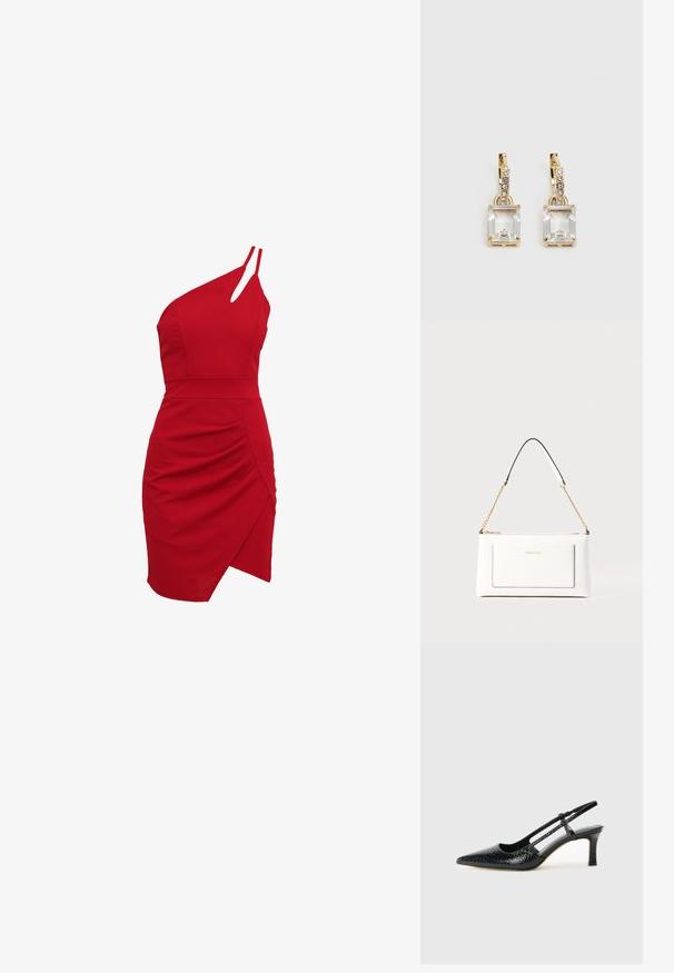 Crvena haljina na jedno rame izrađena od rastezljivog materijala, s uskim korzetom, nabranym detaljima i asimetričnim rubom.; Crne lakirane slingback pete s oštrim vrhom, s teksturiranim uzorkom zmijske kože, podesivom remenom i kratkom, teksturiranom blok-petom.; Bijela kožna torba s teksturiranim završetkom, koja ima zlatni lančić i crne akcentne detalje. Uključuje prednji džep i zatvaranje na patentni zatvarač.; Zlatne naušnice s pravokutnim, prozirnim kristalom koji visi ispod niza malih, okruglih prozirnih akcenata. Elegantni, moderni dizajn.