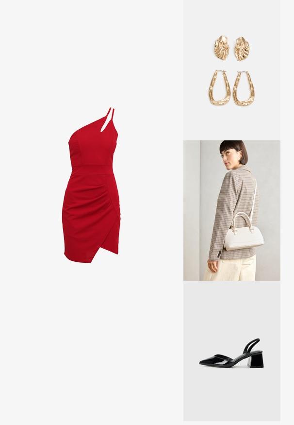 Vestido vermelho de um ombro feito de tecido elástico, apresentando um corpete justo, detalhes franzidos e uma bainha assimétrica.; Sandy em verniz preto com salto slingback, ponta afilada e salto geométrico. Apresenta um design elegante e minimalista com textura suave.; Bolsa estruturada branca com alças curtas e uma alça de ombro, com detalhes em hardware dourado e material texturizado, exibida contra um fundo cinza.; Brincos em tom de ouro com formas onduladas e texturizadas. Inclui studs escultóricos com presilha e um design de argola aberta com um acabamento martelado.