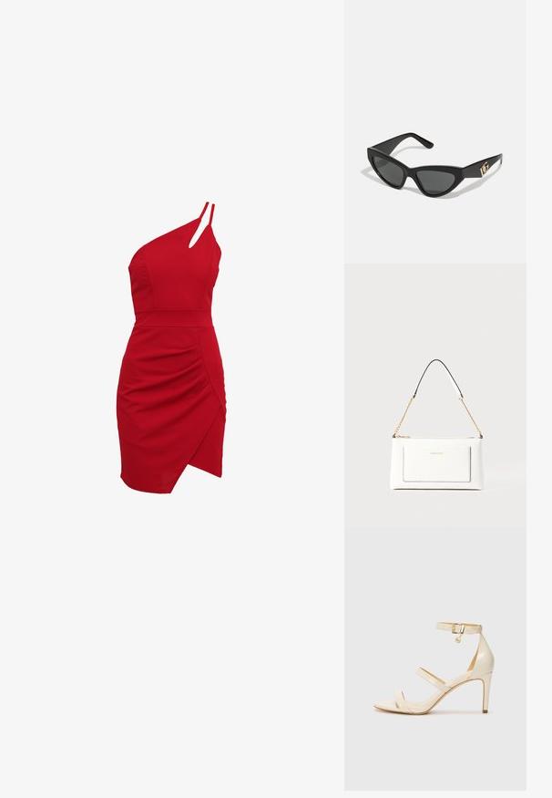 Rode een-schouder jurk van rekbare stof, met een aansluitende buste, geplooide details en een asymmetrische zoom.; Beige hoge hakken sandaal met dunne enkelband en twee bovenste banden. Glanzende lakafwerking en gouden hardware detail op de enkelband.; Cat-eye zonnebrillen met een matte zwart plastic frame, donkere lenzen en een gouden logo-accent op de poot. Hoekig ontwerp en een soepele textuur.; Witte leren handtas met een textuurafwerking, voorzien van een gouden schouderhengsel en zwarte accenten. Inclusief een voorvak en ritssluiting.