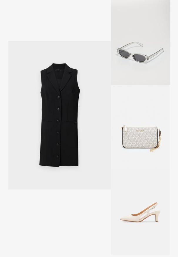 Svart sansesløs blazer-kjole med skreddersydd design, med noterte lapeller, seks frontknapper og sidelommer. Glatt stoff med minimale detaljer.; Hvit slingback-hel med spiss tå, glatt overmateriale, lav blokkhelt, og cut-out-design på siden med justerbar spenne.; Solbriller med oval form, klar plastramme, mørkegrå linser og tynne gjennomsiktige armer med logopunksjoner og minimal detaljering.; Michael Kors håndleddsveske i beige belagt kanvas med et gjentakende MK-logo mønster, gullfarget maskinvare og en avtakbar kjede-rem.