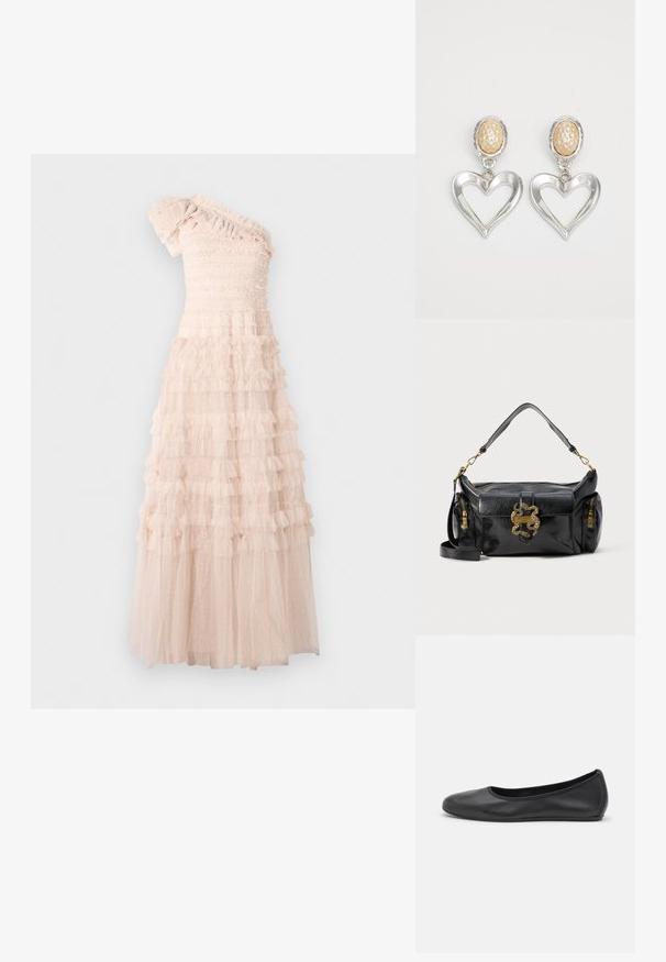 Asymmetriski yhden olkapään mekko vaaleassa beessä, jossa on rypytetty pääntie ja kerrokselliset röyhelöt läpi virtaavan hameen, jossa on pilkullinen tekstuuri.; Musta nahkainen ballerina, jossa on pyöristetty kärki, sileä pinta, minimaalinen ommelkoristelu ja joustava pohjamuotoilu.; Musta nahkainen käsilaukku, jossa on sileä pinta, kultaiset käärmeennahan muotoiset metalliosat ja kaksi vetoketjullista sivutaskua. Mukana säädettävä olkahihna.; Hopeakuvioiset sydänkorvakorut, joissa on kiiltävä pinta. Jokaisessa korvaksessa on teksturoitu beige soikea nappi. Tyylikäs ja kevyt muotoilu.