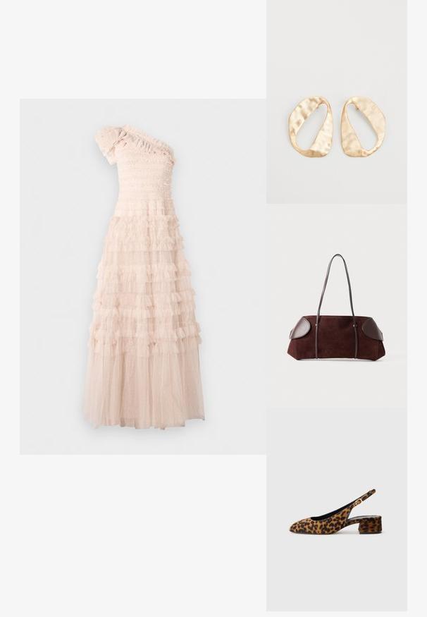 Asymmetrisk one-shoulder kjole i lys beige, med en smocked bodice og lagdelte volanger i den flydende nederdel med prikket tekstur.; Kvinders slingback sko i leopardmønster med lav blokhælh og guldspænde på siden, vist i sideprofil på ensfarvet baggrund.; Brun ruskinds taske med læderdetaljer, struktureret form, dobbelte skulderstropper og afrundede kanter, som har en glat tekstur og minimal hardware.; Et par uregelmæssige ovalformede øreringe i guldtonet metal med en tekstureret, let hamret overflade på en hvid baggrund.