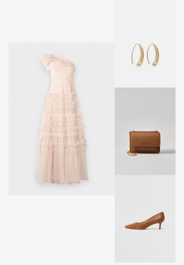 Asimetrisks vienas pleca kleita gaisā bežā, ar smockotu krūšu daļu un kārtām volāniem visā plūstošajā svārkā ar punktiņiem.; Lauren Ralph Lauren ADRIENNE - Klasiski papēži - deep saddle tan; Brūna teksturēta ādas plecu soma ar zelta ķēdes siksnu un atloka aizdari. Priekšpusē ir logotipa detaļa un kabata zem atloka.; Zelta toņu metāla gredzena auskari ar izliektu, pagarinātu formu. Ar gludu, spīdīgu virsma un noapaļotu galu papildu detaļām.