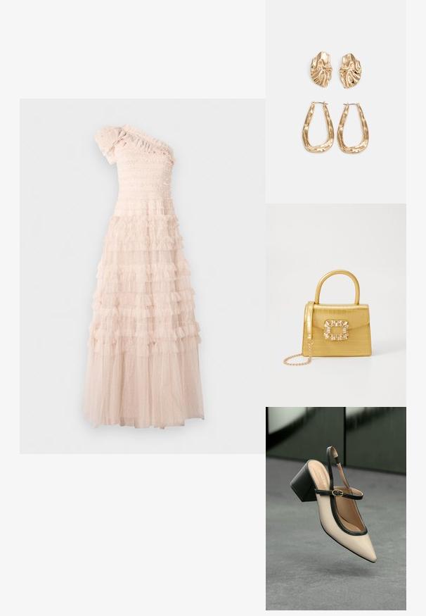Asümmeetriline ühes õlas kleit heleda beeži värviga, millel on smockitud korpus ja kihilised rippuvad volangid voolavas seelikus, millel on täppide tekstuur.; Beežid kõrgkontsaga slingback-king, millel on terav nina, must ääris ja pandla detail. Sile materjal mattlõpuga, keskmise suurusega plokktald.; Kollane faux-krokodilli käsipindaga kott, millel on struktureeritud disain, ülemine käepide, eemaldatav kettmass ja dekoratiivne kristallkaunistus klambril.; Kuldse värvi kõrvarõngad, mis on kaunistatud tekstuursete ja laineliste kujunditega. Komplektis on skulpturaalsed klamber kõrvarõngad ja avatud rõngasdisain, millel on lõhestatud viimistlus.